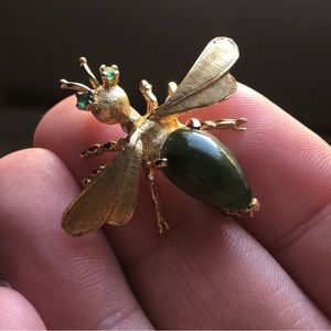 Jade and Emerald 14k Gold Insect Brooch